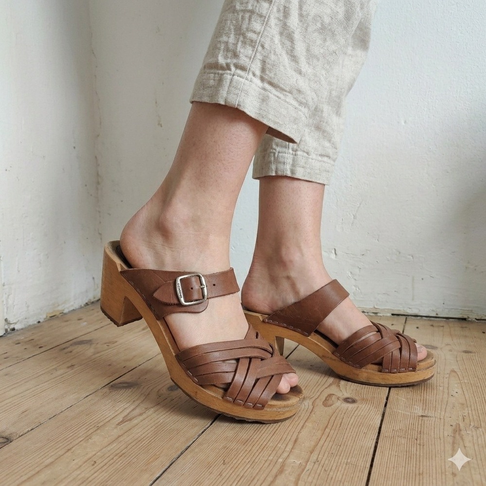Haga Toffeln Swedish Clogs Womens 38 8 Brown Strappy Leather Sandals Wedge